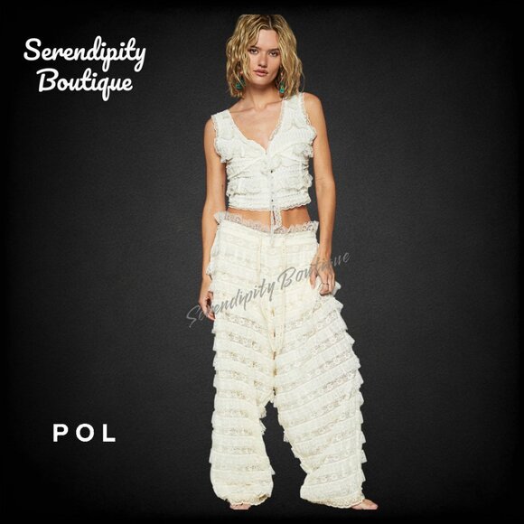 POL Boho Feminine Fluttering All Over Soft Tiered Eyelet Lace Ruffle Wide Leg Pa - Picture 4 of 12